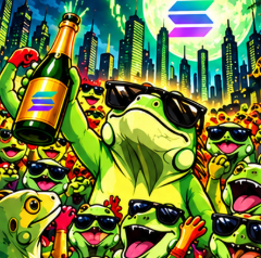 Super Iguana leading a cheering crowd of iguanas under a Solana moon