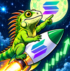 Super Iguana riding a Solana rocket past green candles