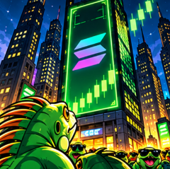 Iguanas looking up at a neon tower showing the Solana logo and green candles
