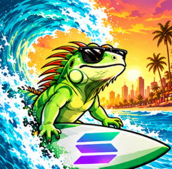 Super Iguana surfing a wave on a board marked with the Solana logo