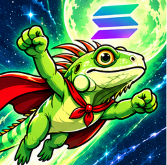 Super Iguana flying forward in a red cape, fist raised, against a green moon