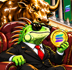 Super Iguana in a suit holding a Solana coin in front of a golden bull