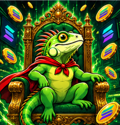 Super Iguana seated on a golden throne surrounded by Solana coins