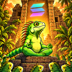 Super Iguana meditating at a jungle temple beneath a glowing Solana mark