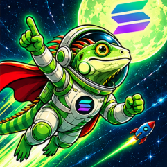 Super Iguana in a green astronaut suit and red cape pointing upward in space